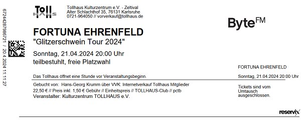 Ticket Fortuna Ehrenfeld 21.04.2024
        Tollhaus Karlsruhe