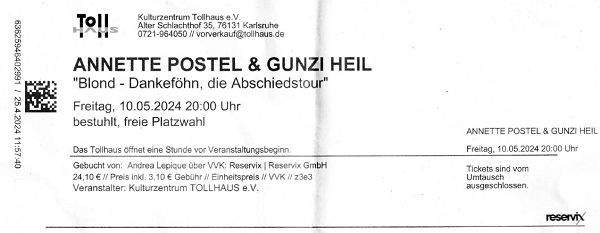 Ticket Annette Postel & Gunzi Heil
        10.05.2024 Tollhaus Karlsruhe