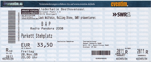 Ticket BAP Stuttgart 28.11.2008