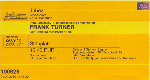 Ticket Frank turner, 29.09.2010, Jubez, Karlsruhe