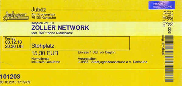 Ticket Zöllers Network Session 10, 3. Dezember 2010, Jubez Karlsruhe
