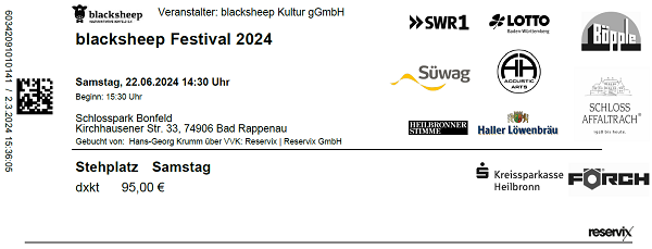 Ticket blacksheep Festival 22.06.2024
        Schlosspark Bonfeld Bad Rappenau