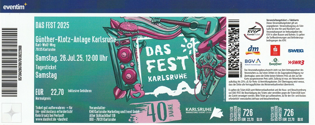 Ticket Das Fest 2025
        Samstag