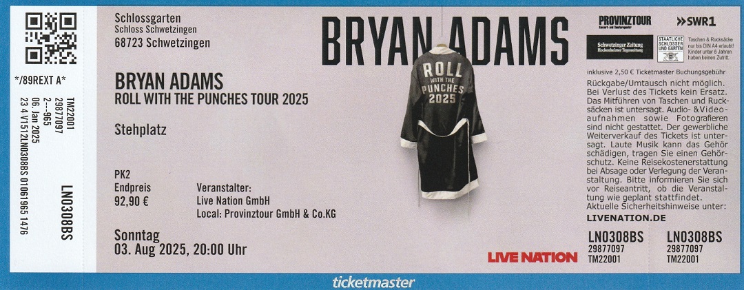 Ticket Bryan Adams 03.08.2025
        Schlossgarten Schloss Schwetzingen