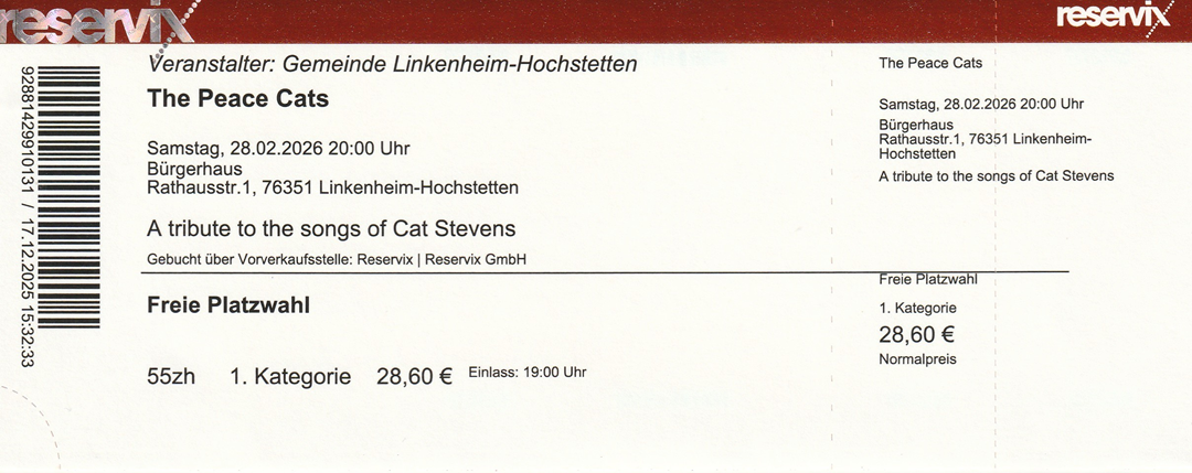 Ticket The Peace Cats 28.02.2026
        B�rgerhaus Linkenheim-Hochstetten