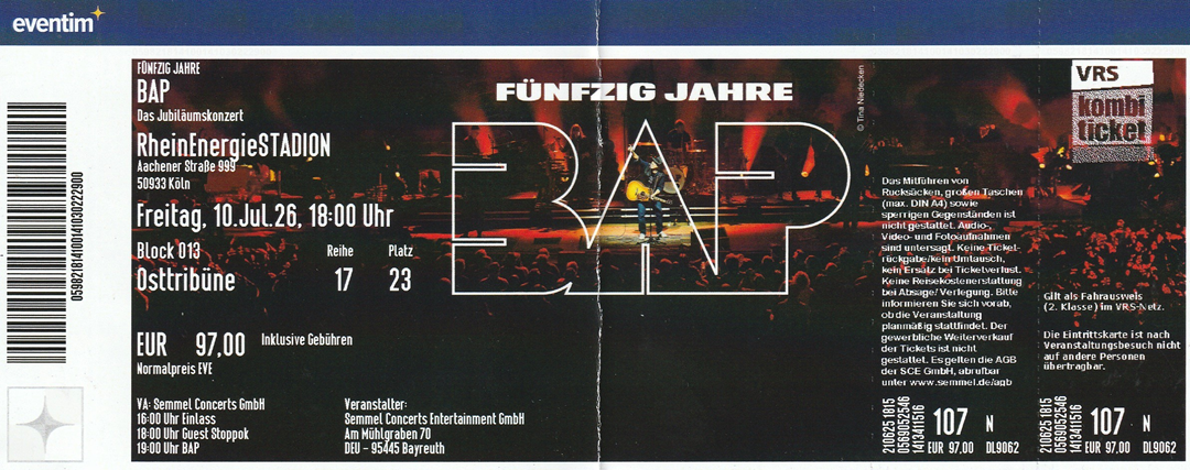 Ticket BAP 50 Jahre Das Jubil�umskonzert 10.07.2026
          K�ln RheinEnergieStadion