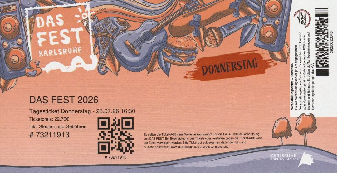 Ticket
Das Fest 2026 23.-26.07.2026 Günther-Klotz-Anlage Karlsruhe Ticket Das Fest 2026 23.-26.07.2026
Günther-Klotz-Anlage Karlsruhe